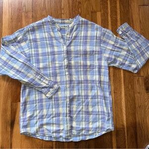L.L.Bean Women’s M Light Blue Lavender Yellow Plaid Linen Shirt Mandarin Collar